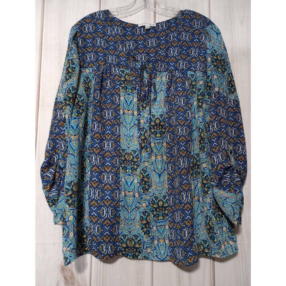 Notations Woman Blue Gold Paisley Roll Tab Sleeve Blouse‎ Top 1X